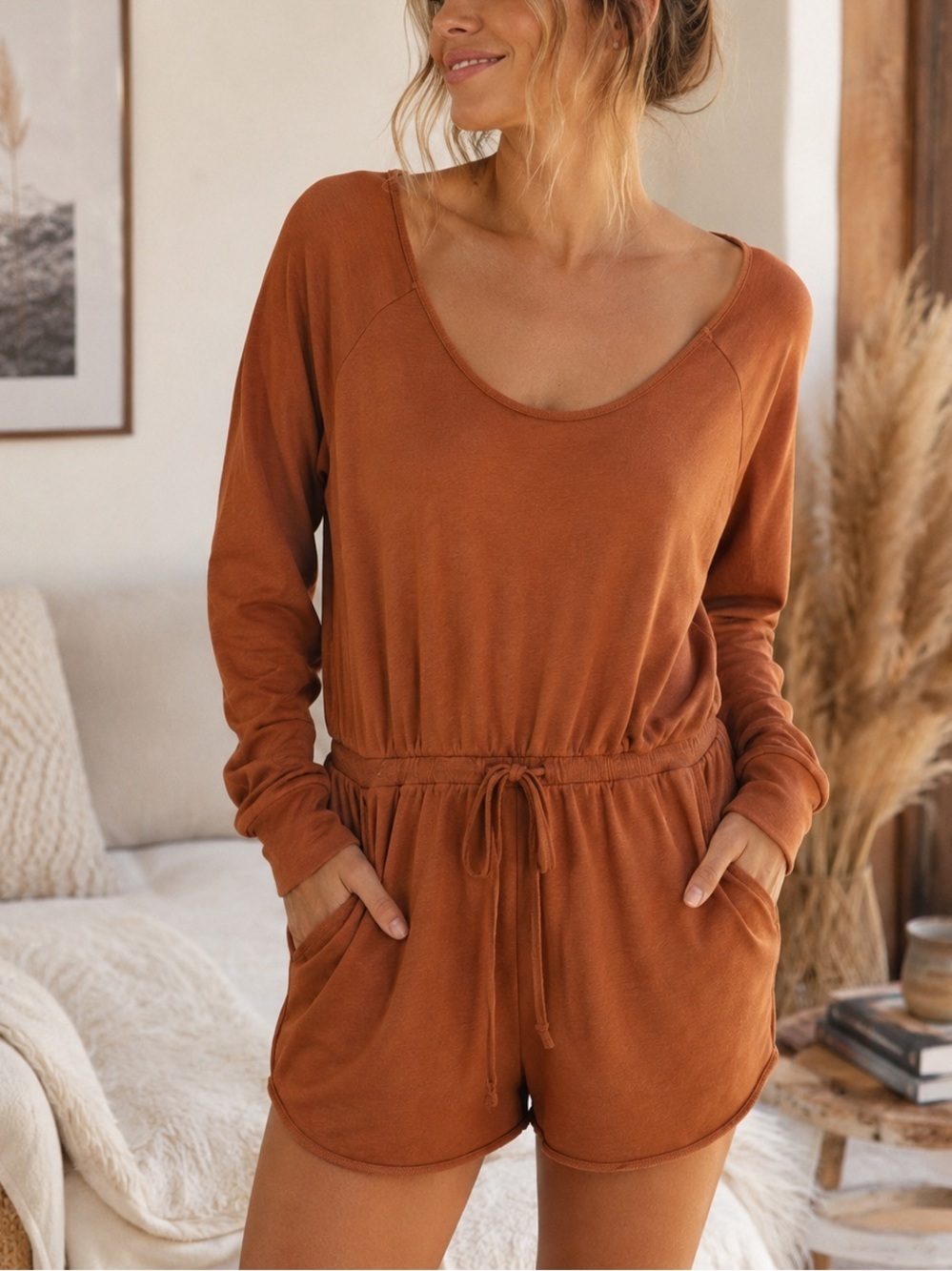 Aerie Rust Knit Romper Size Small Soft Lounge Drawstring Waist Pockets